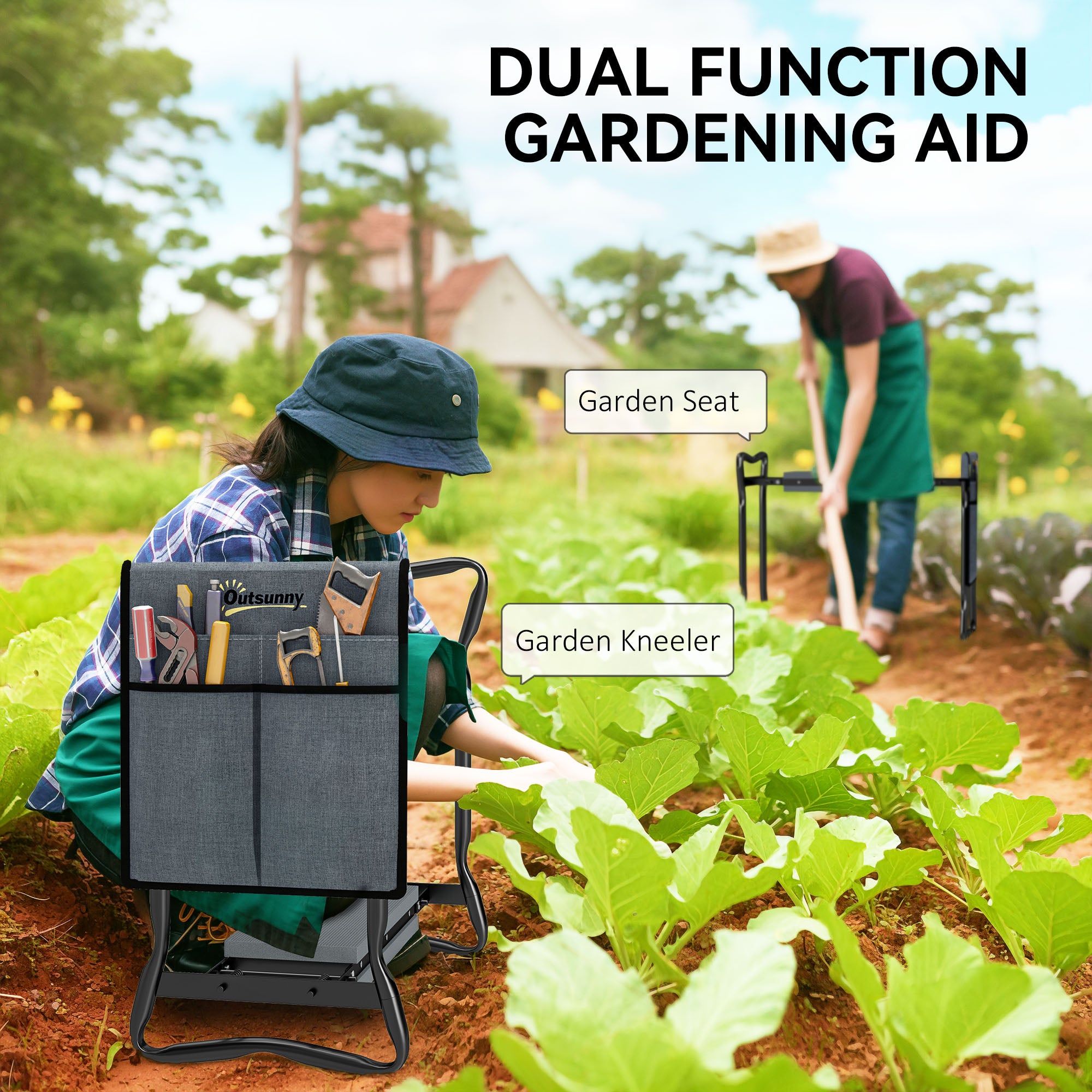 Steel Frame Padded Garden Kneeler, with Tool Bag - Grey