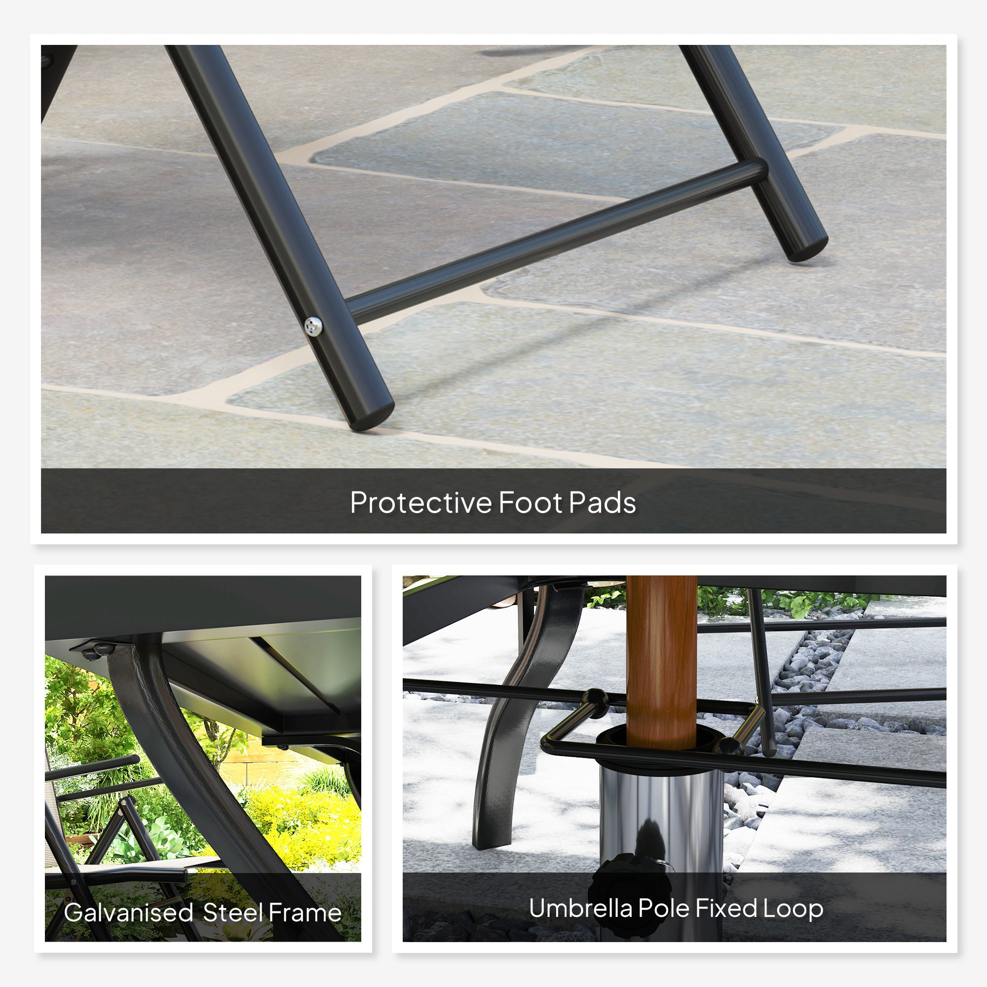 Seven-Piece Steel Outdoor Dining Set, with Parasol Hole - Khaki