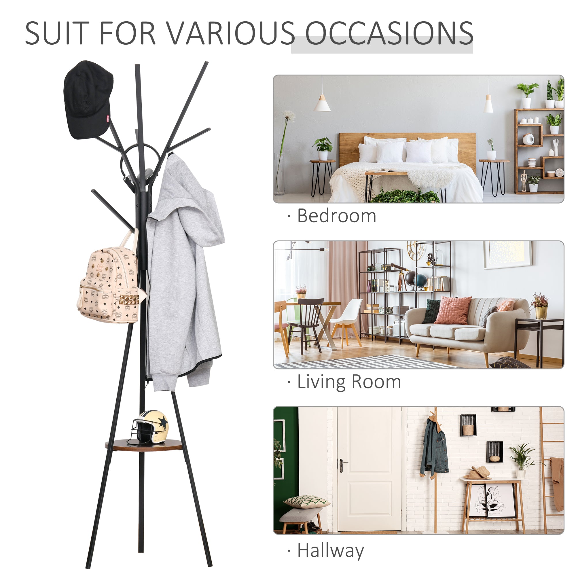 Freestanding Metal Coat Rack Stand 9 Hooks Clothes Tree with 1 Shelf Hat Display Hall Tree Hanger Bag Umbrella Hanging Organiser Brown