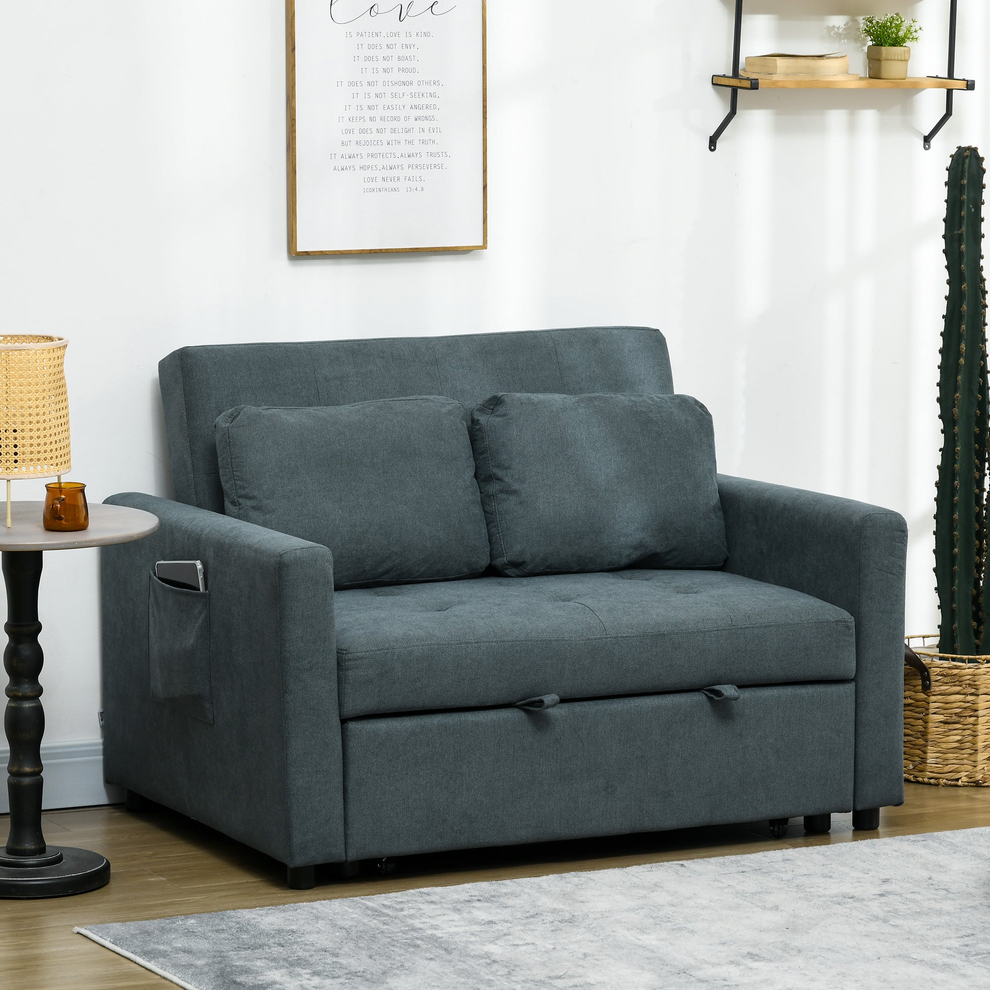 Loveseat Sofa Bed, Convertible Bed Settee with 2 Cushions, Side Pockets for Living Room, Charcoal Grey