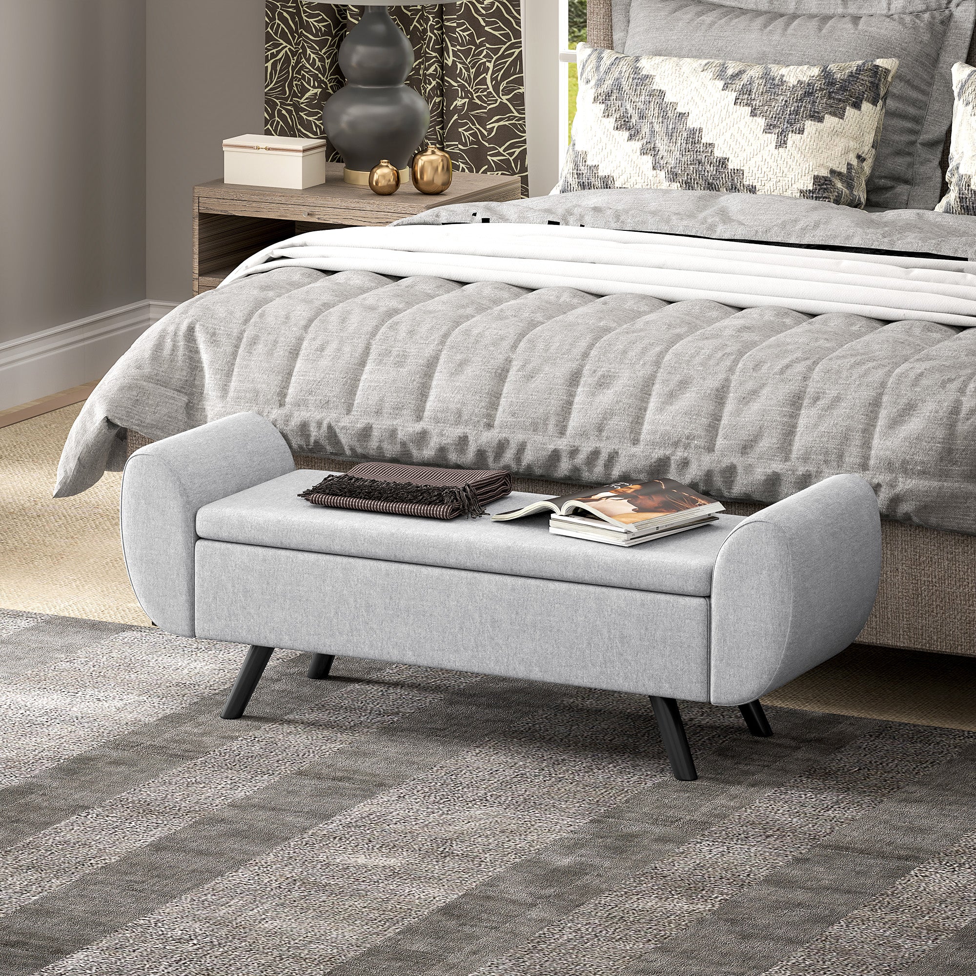 Storage Ottoman with Armrest, Upholstered Linen Storage Bench, Window Seat with Rubberwood Legs, Footstool for Bedroom Living Room, Hallway, Light Grey