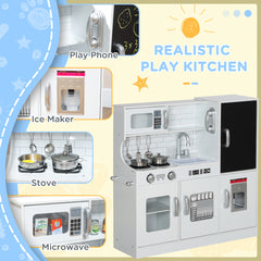 AIYAPLAY Pretend Play Kitchen, Kids Kitchen Playset, with Toy Phone, Chalkboard, Microwave, Cooking Stove, Sink, White