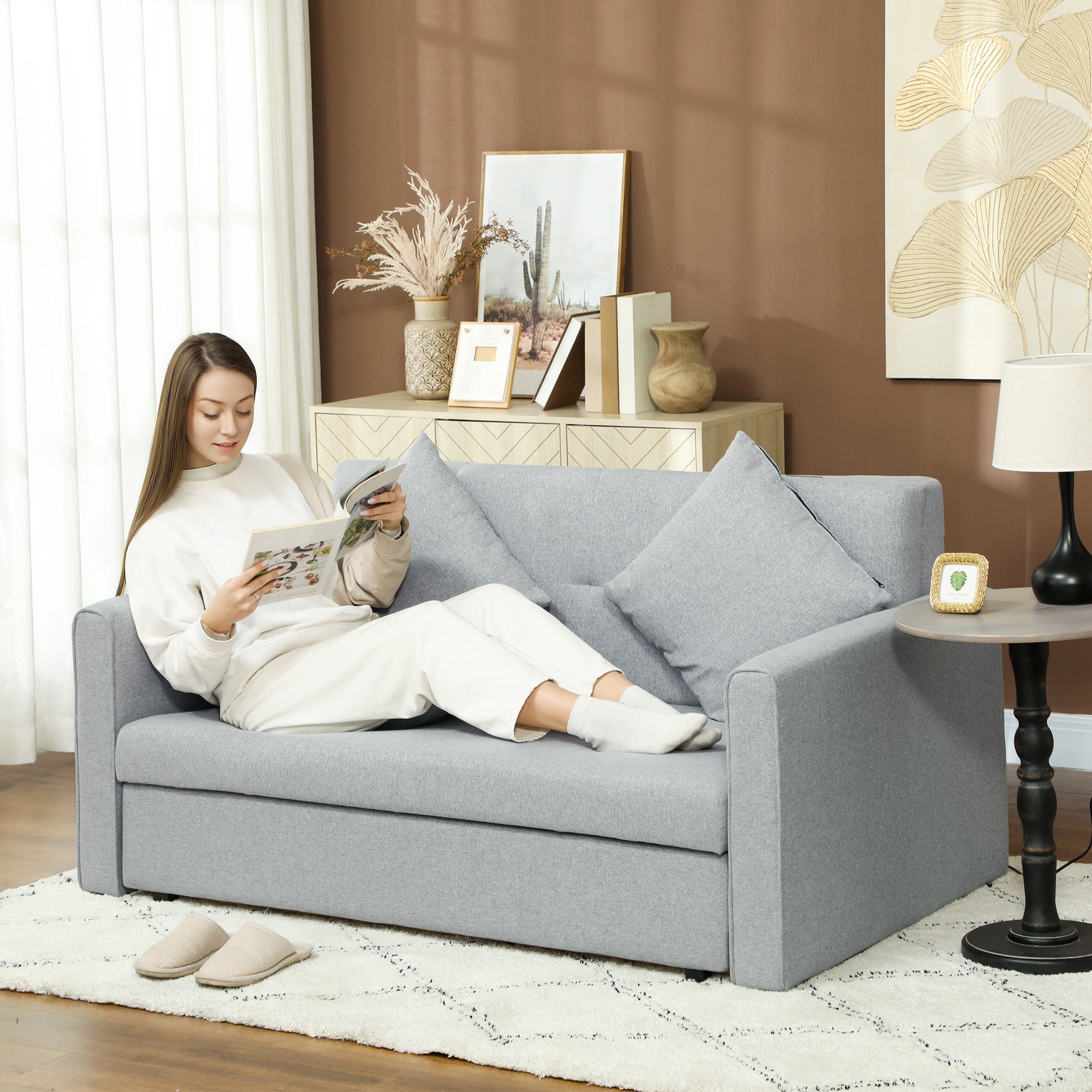 2 Seater Sofa Bed, Convertible Bed Settee, Modern Linen Loveseat Sofa Couch with 2 Cushions, Hidden Storage for Living Room, Guest Room, Light Grey
