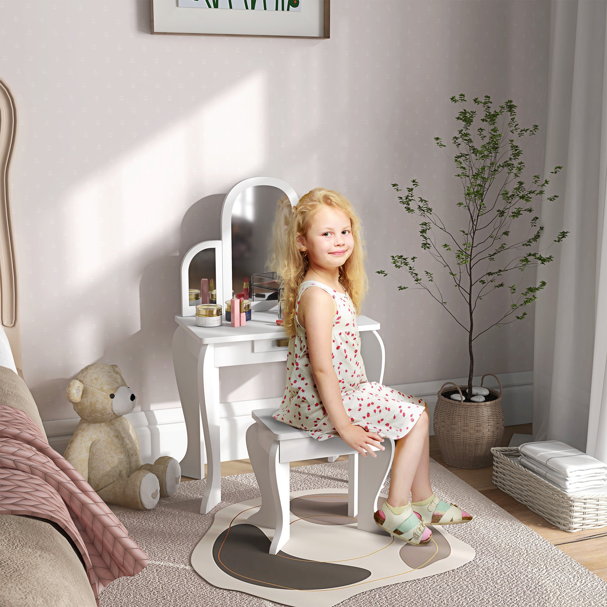 Fynco - Kids Dressing Table Set, with Mirror and Drawer - White