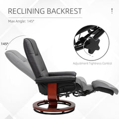 360° Swivel Recliner Chair with Footstool, Manual Recliner Armchair with Wooden Base, Faux Leather Upholstered Reclining Chair for Living Room, Bedroom, Office, Black