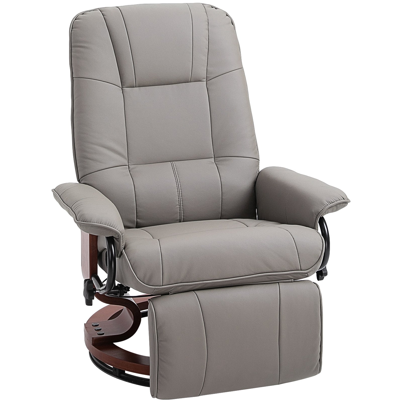 360° Swivel Recliner Chair with Footstool, Manual Recliner Armchair with Wooden Base, Faux Leather Upholstered Reclining Chair for Living Room, Bedroom, Office, Grey