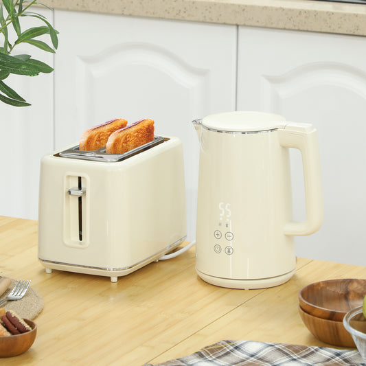 Digital Kettle and Toaster Set, 1.5L 3000W Fast Boil Kettle, 2 Slice Toaster Kitchen Set with 7 Level Browning Controls, Defrost, Reheat, Keep Warm, Crumb Tray and LED Touch Display, Beige