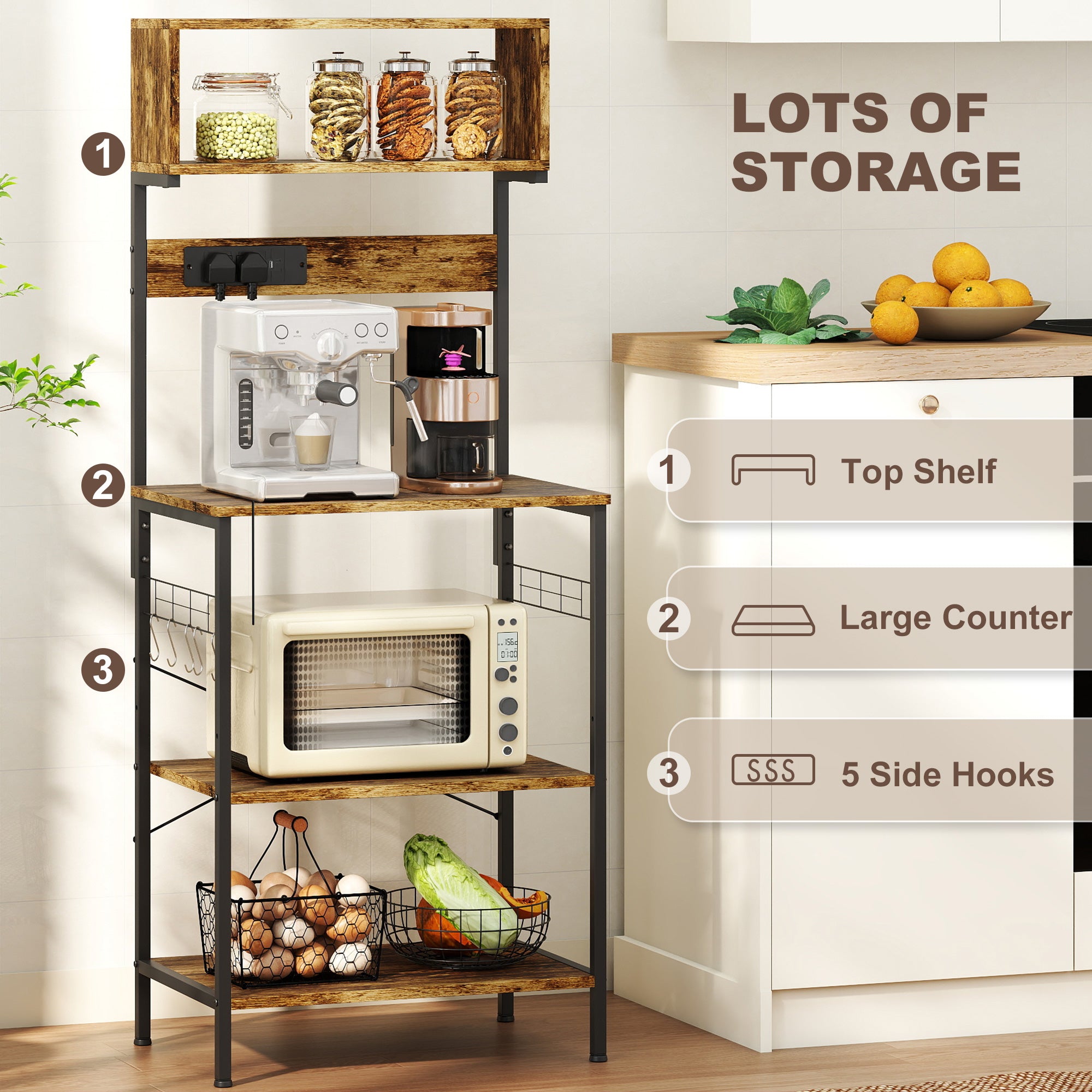 Fynco - Bakers Rack with Power Outlet, USB Charger, Microwave Stand with Adjustable Shelves, 5 Hooks for Small Spaces, Kitchen Storage Unit for Spices, Pots and Pans, Rustic Brown