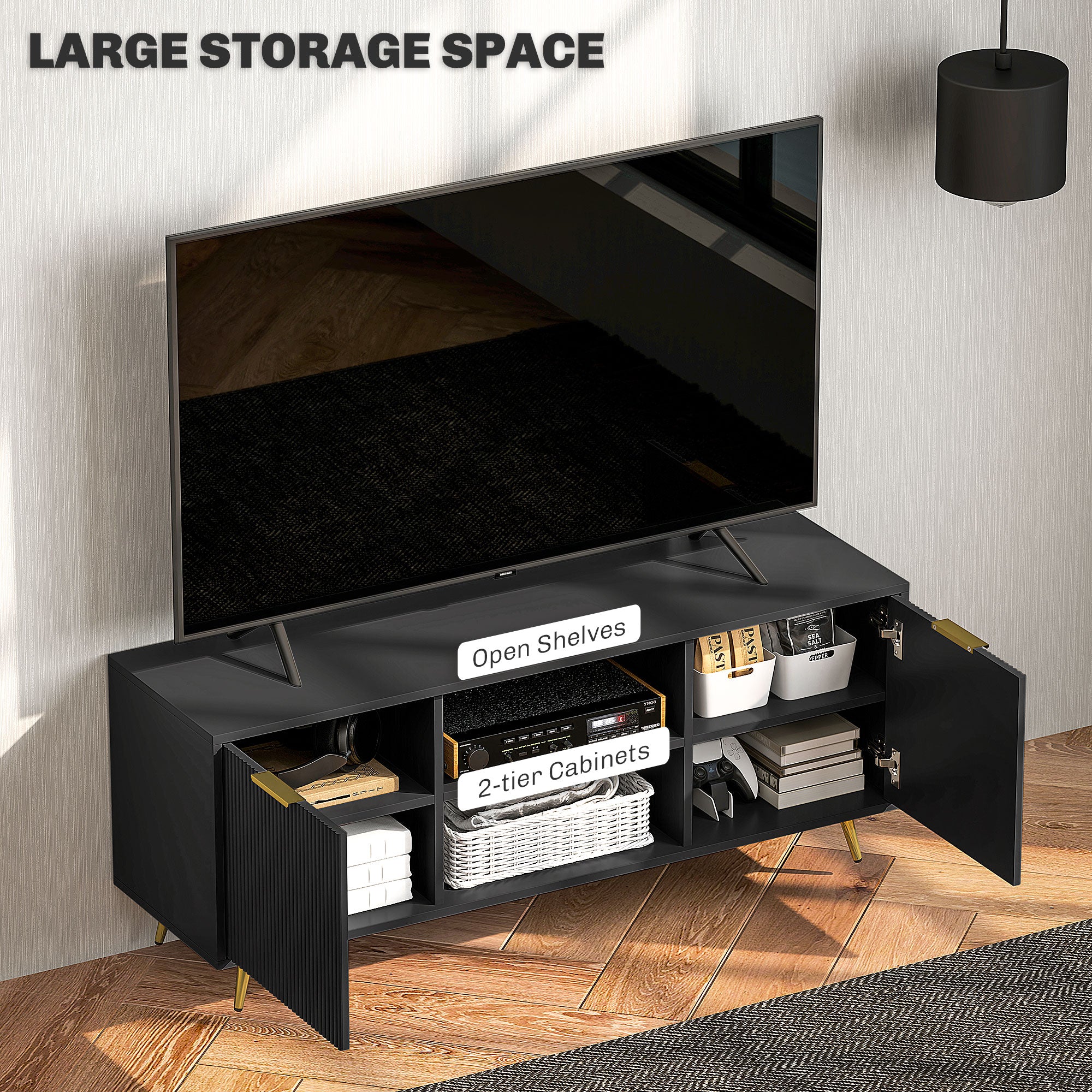 Modern TV Stand Cabinet for TVs up to 55", TV Unit with 2 Open Shelves and 2 Cabinets, Entertainment Centre with Cable Management for Living Room, Black