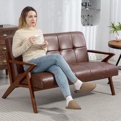 Compact 2 Seater Sofa, Vintage Tufted Loveseat Sofa with Solid Wood Legs, PU Leather Small Couch Settee for Living Room, Bedroom, Home Office, 133 x 81 x 785 cm, Brown