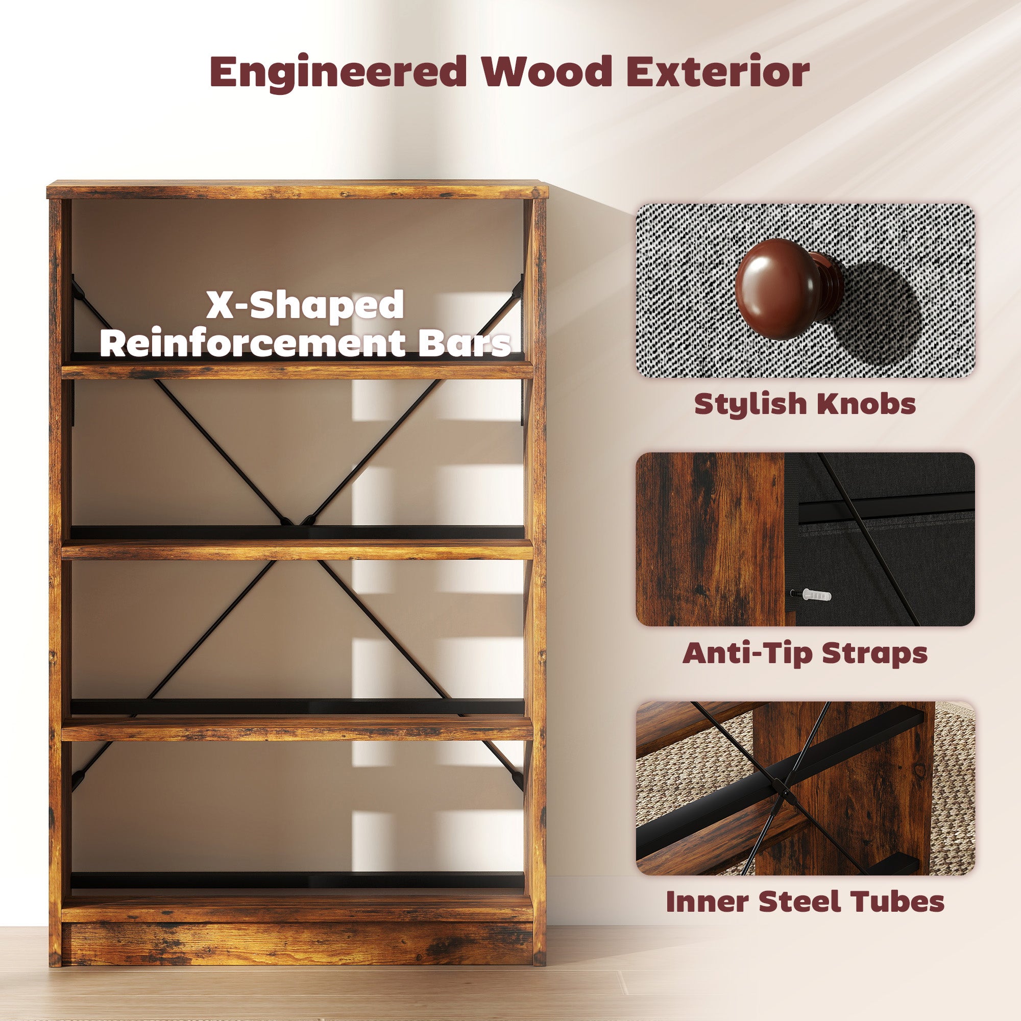 Chest of Drawers, Dresser with 4 Fabric Drawers - Grey and Rustic Brown