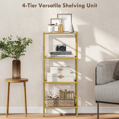 Fynco - 4-Tier Shelving Unit, Glass Shelf, Vertical Storage Shelf for Living Room, Home Office, Bedroom, Bathroom, Gold Tone