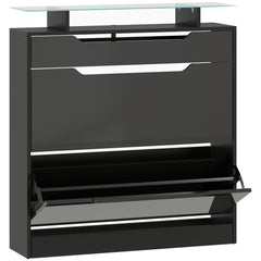 Fynco - Shoe Storage Cabinet with Slide Out Drawer, 2 Flip Doors, Tempered Glass Top - Black