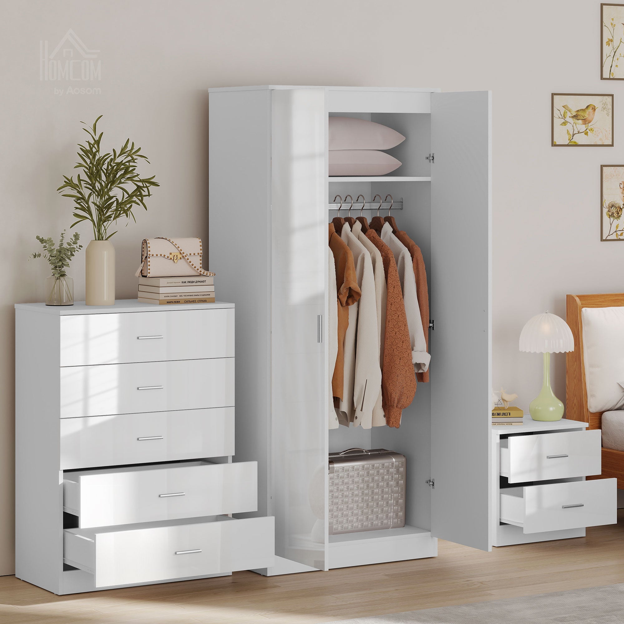 High Gloss 3 Piece Trio Bedroom Furniture Set Wardrobe + Chest Of Drawer + Bedside White