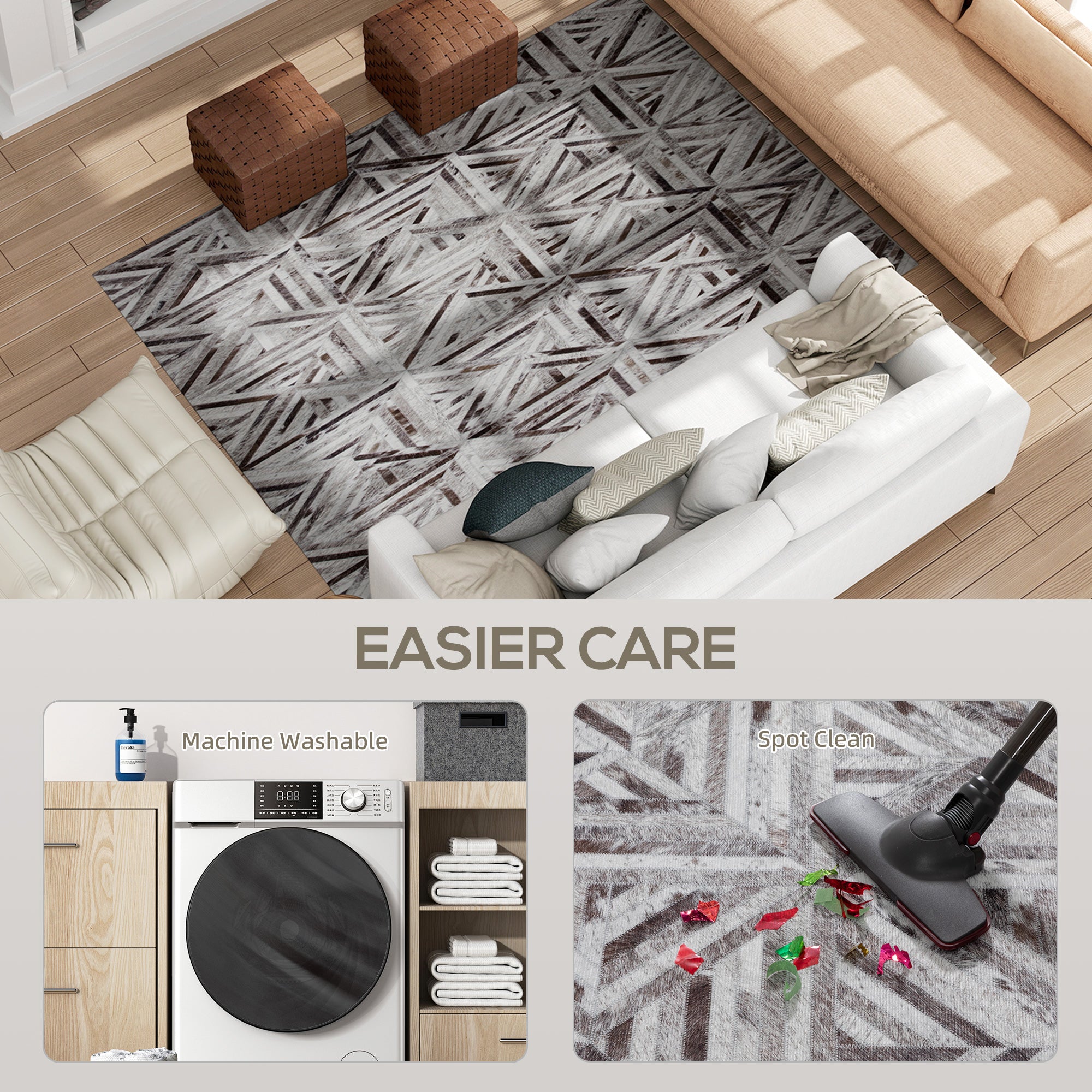 Fynco - Modern Area Rug, Triangle Pattern Non-Slip Washable Rug, Chenille Floor Carpet for Living Room, Bedroom, Dining Room, Home Office, 230 x 160 cm, Brown