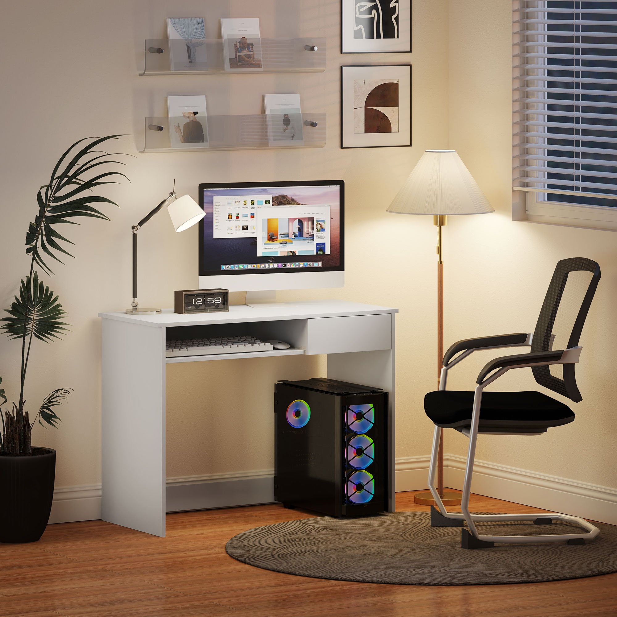 100cm Compact Computer Desk with Keyboard Tray, Home Office Desk with Drawer for Bedroom Study, White