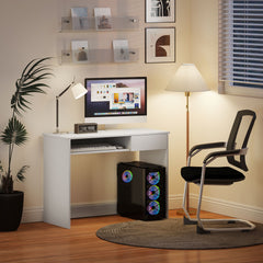 100cm Compact Computer Desk with Keyboard Tray, Home Office Desk with Drawer for Bedroom Study, White