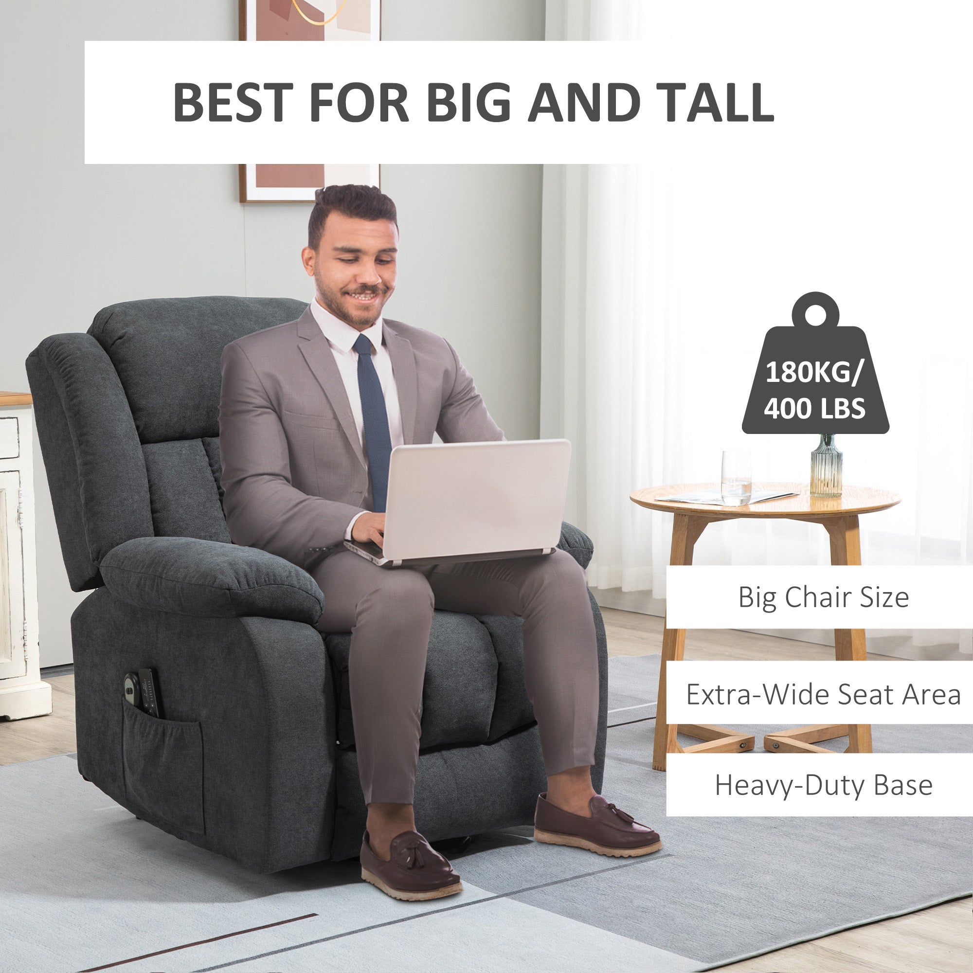 Oversized Riser and Recliner Chairs for the Elderly with 8 Vibration Massage, Large Fabric Upholstered Lift Chair for Living Room with Remote Control, Side Pocket, Footrest, Dark Grey