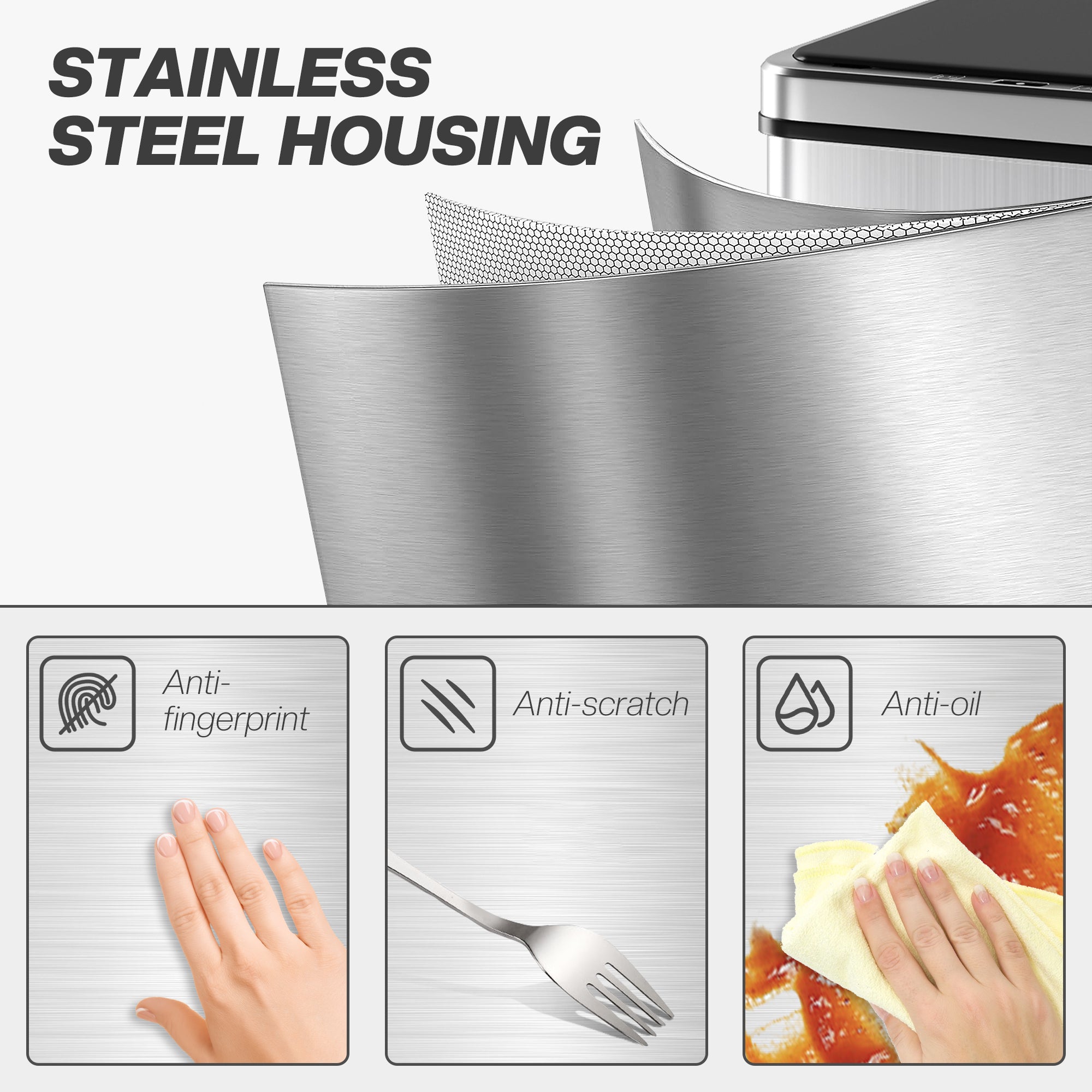 Fynco - 40L Sensor Bin with Quiet Soft-Close Lid, Automatic Touchless Motion Sensor Kitchen Bin with Fingerprint Resistant Stainless Steel for Hygienic Gyms, Home Office Use, Silver Tone