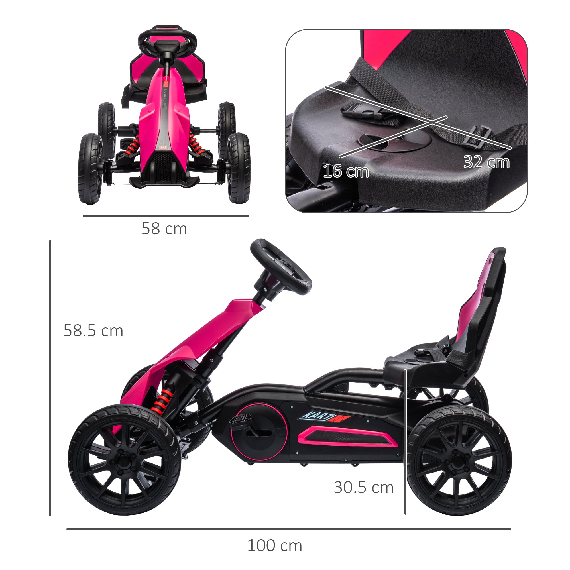 Kids Pedal Go Kart, with Adjustable Seat, EVA Wheels, Seat, Handbrake - Pink