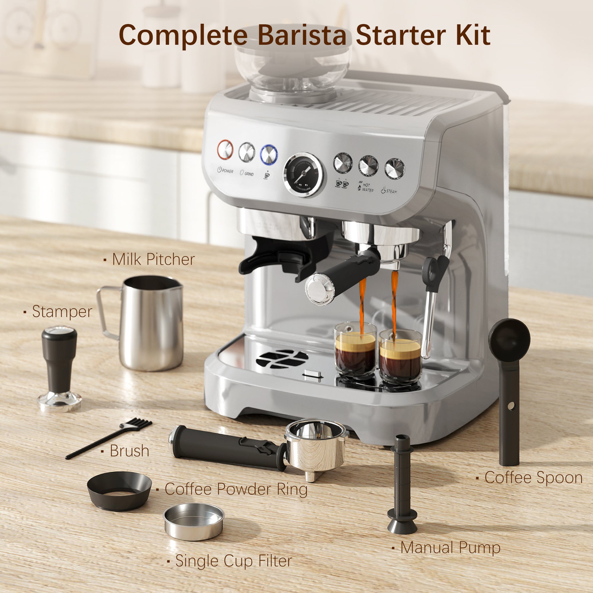 15 Bar Coffee Machine, with Adjustable Grind, Steamer and Accessories - Silver Colour