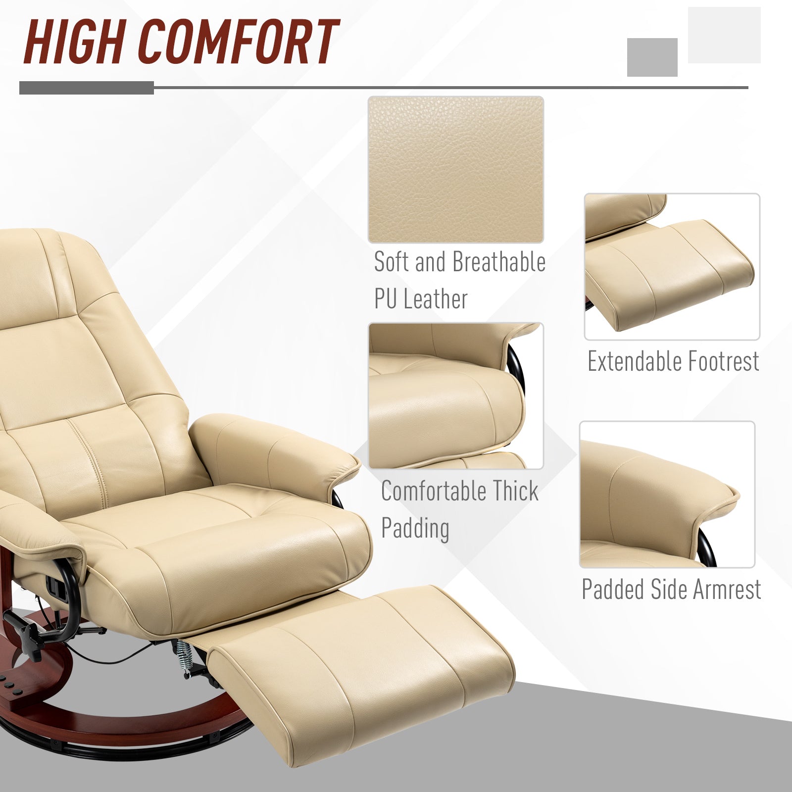 Faux Leather Armchair, with 145° Reclining Back and Footrest - Cream