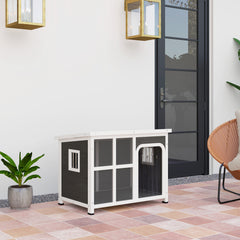 Wooden Outdoor Dog House with Asphalt Openable Top, Removable Floor, Clear Front Panel, Curtain, Light Grey