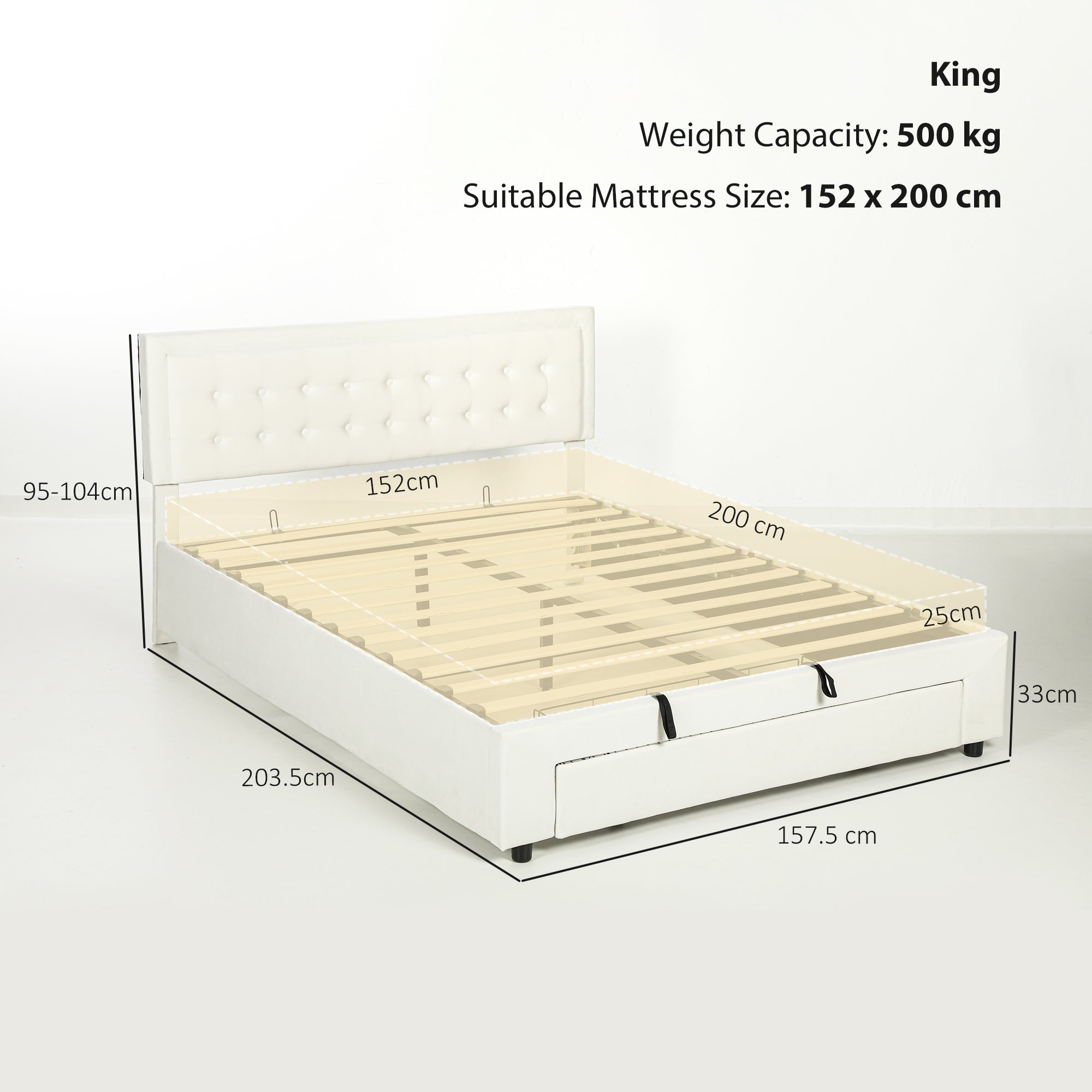 Fynco - King Size Ottoman Bed Frame, with Front Drawer - Cream