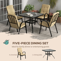 5 Pieces Outdoor Square Garden Dining Set w/ Tempered Glass Dining Table 4 Cushioned Armchairs, Umbrella Hole, Beige