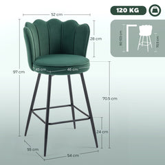 Fynco - Set of Two Velvet-Feel Lotus Bar Stools - Dark Green