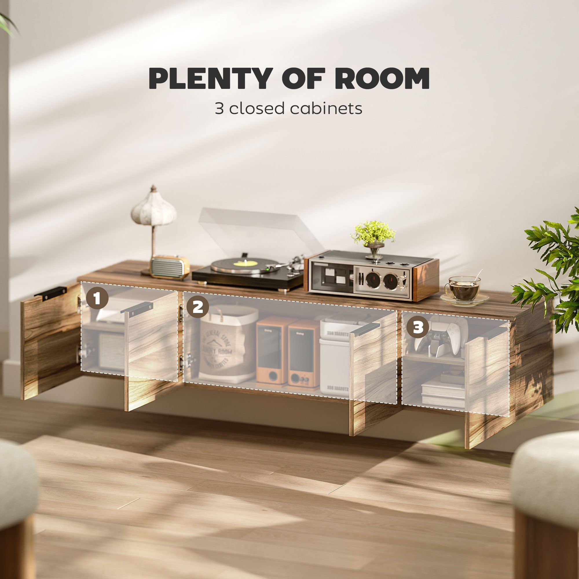 Floating TV Unit, 150 cm Wall Mounted TV Stand Cabinet with Shelves and Doors, Entertainment Media Console for Living Room, Bedroom, Rustic Brown