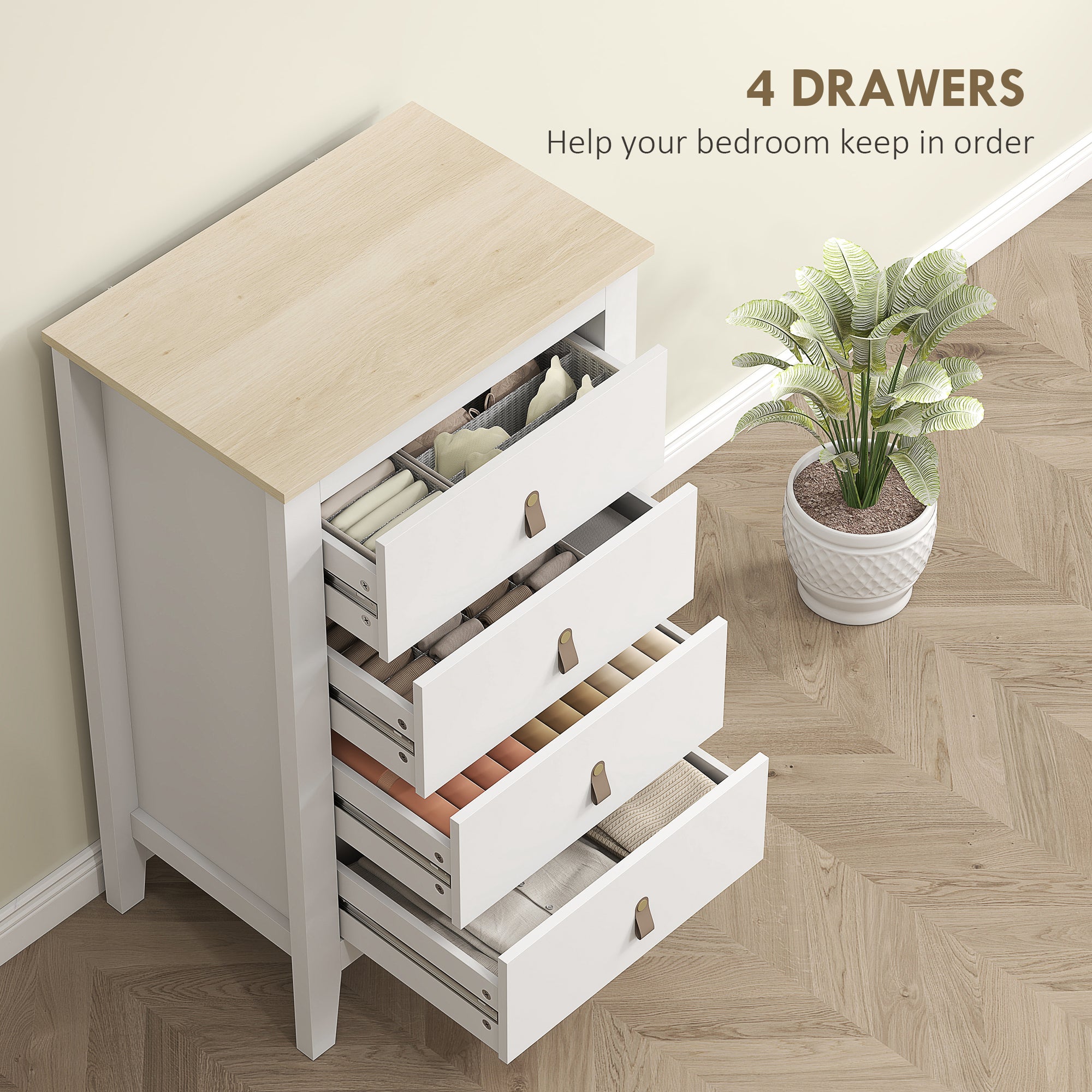 Bedroom Chest of Drawers, Modern 4 Drawer Dresser Cabinet with PU Leather Handles and Metal Runners for Living Room, Hallway, Entryway, White