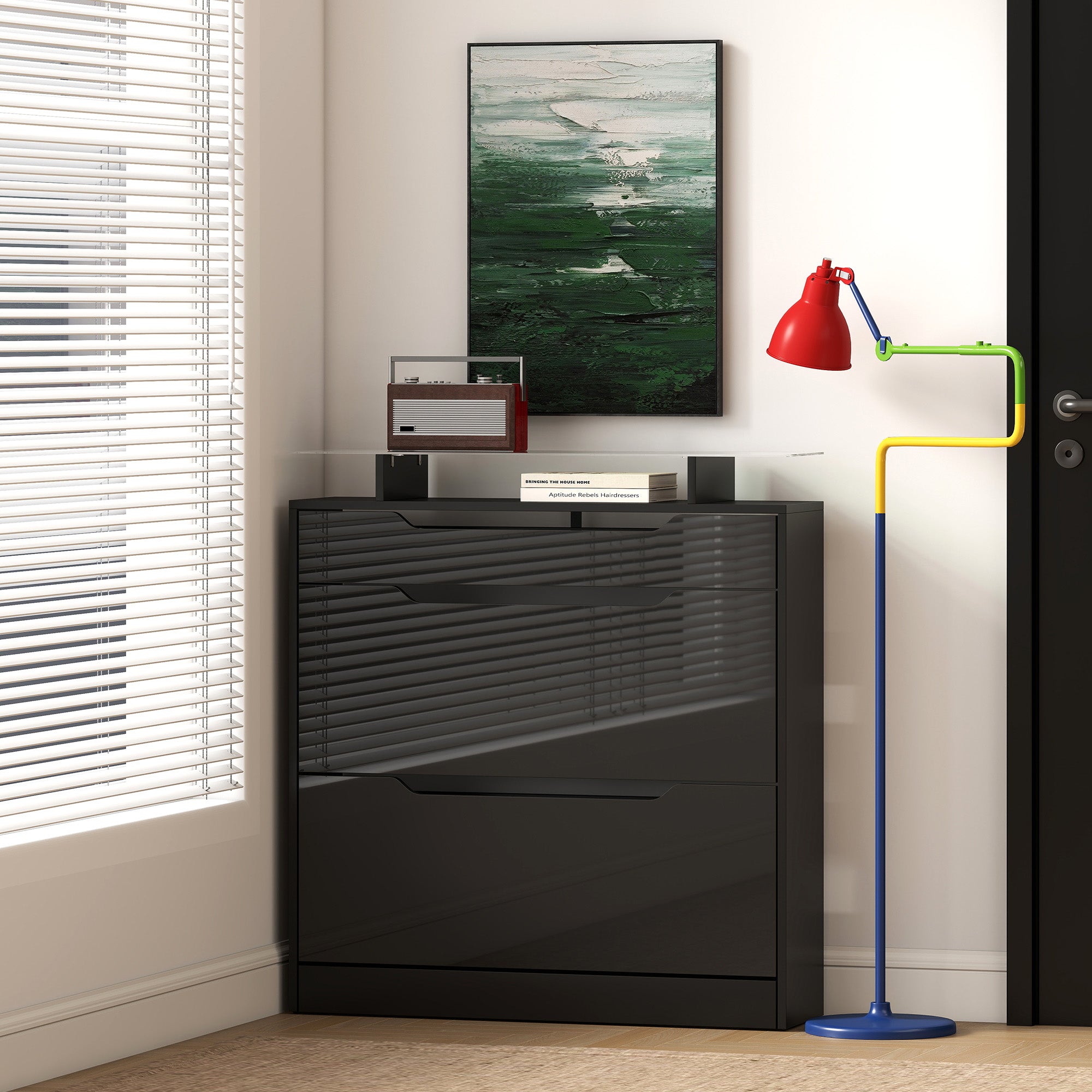 Fynco - Shoe Storage Cabinet with Slide Out Drawer, 2 Flip Doors, Tempered Glass Top - Black