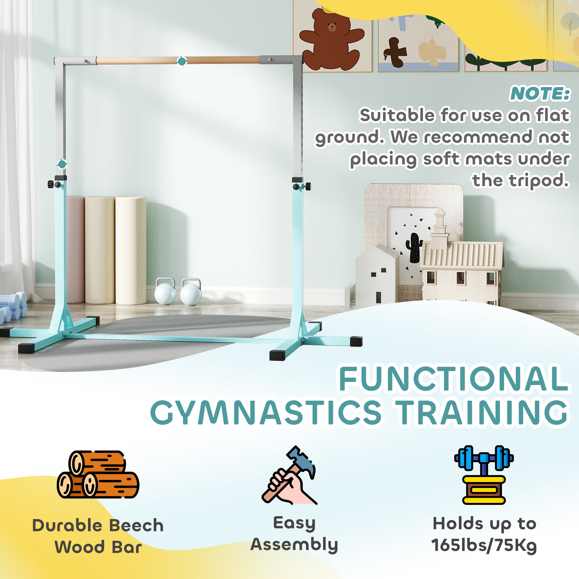 Height Adjustable Gymnastics Horizontal Bar for Kids, Children Junior Kip High Bar Fitness, Light Blue