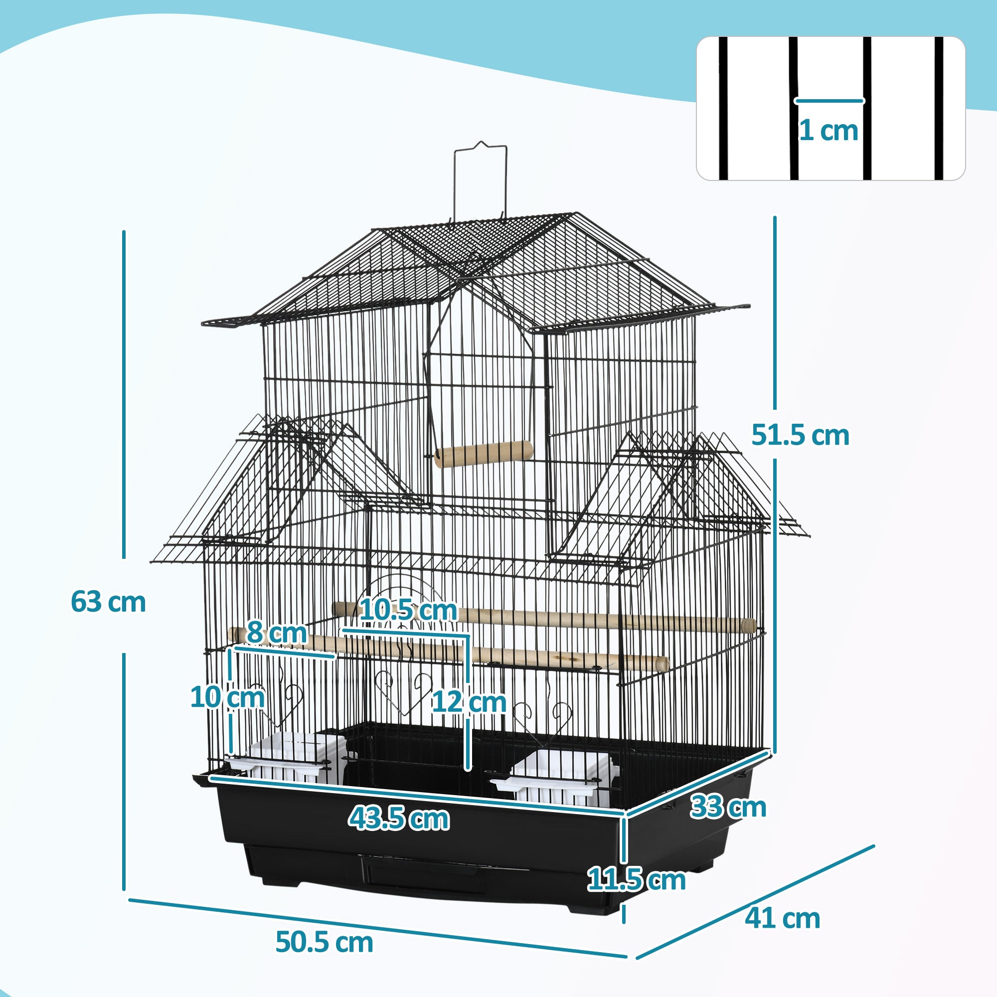 Metal Bird Cage with Plastic Swing Perch Food Container Tray Handle for Finch Canary Budgie 43.5 x 33 x 63 cm, Black