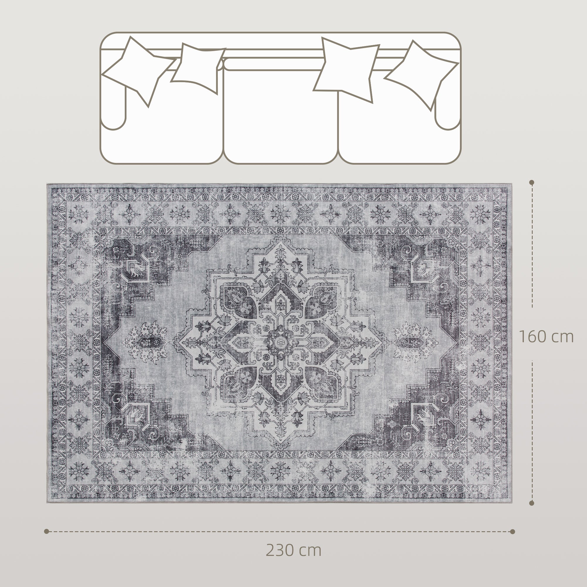 Fynco - Vintage Area Rug, Non-Slip Washable Rug, Flannel Floor Carpet for Living Room, Bedroom, Dining Room, Home Office, 230 x 160 cm, Grey