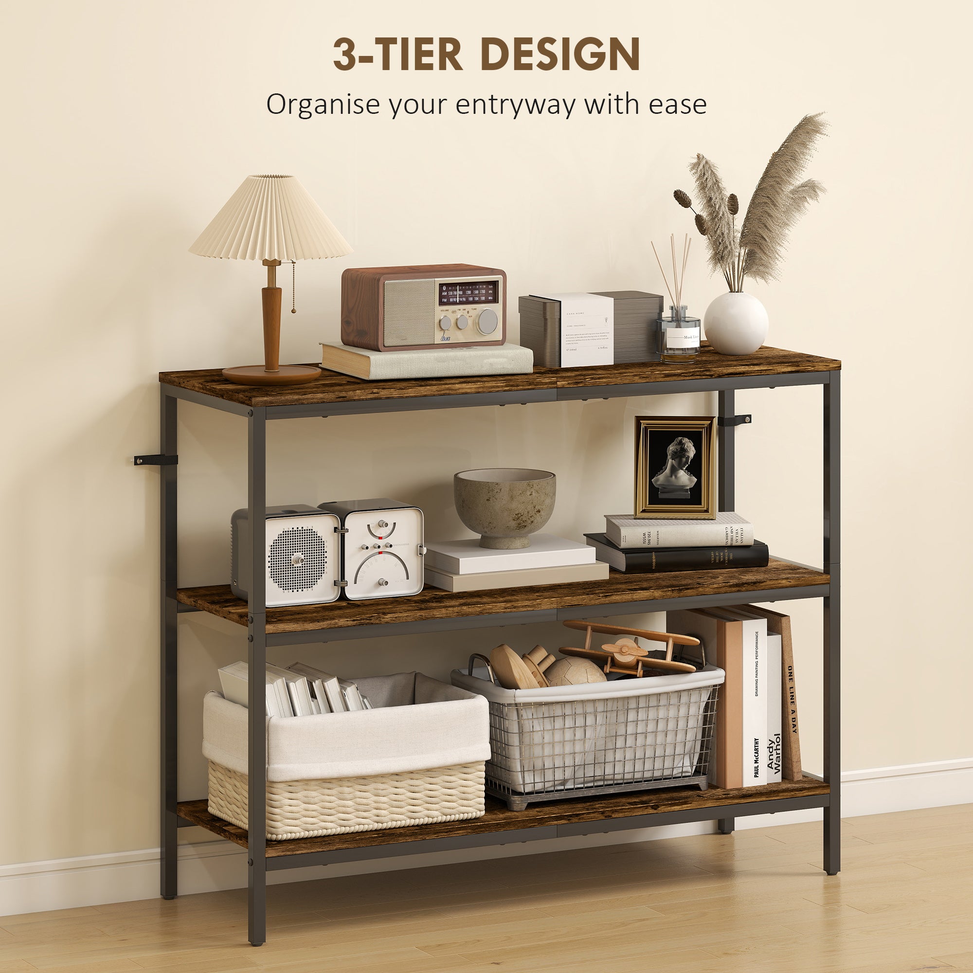 3-Tier Console Table with Storage Shelves - Rustic Brown