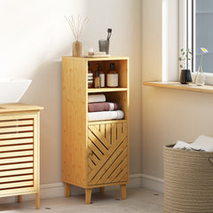 Fynco - Slim Bathroom Cabinet with Bamboo Door and Legs, Narrow Bathroom Storage Cabinet, Freestanding Storage Cupboard with Open Compartments, 32 x 30 x 90 cm, Natural Wood Finish