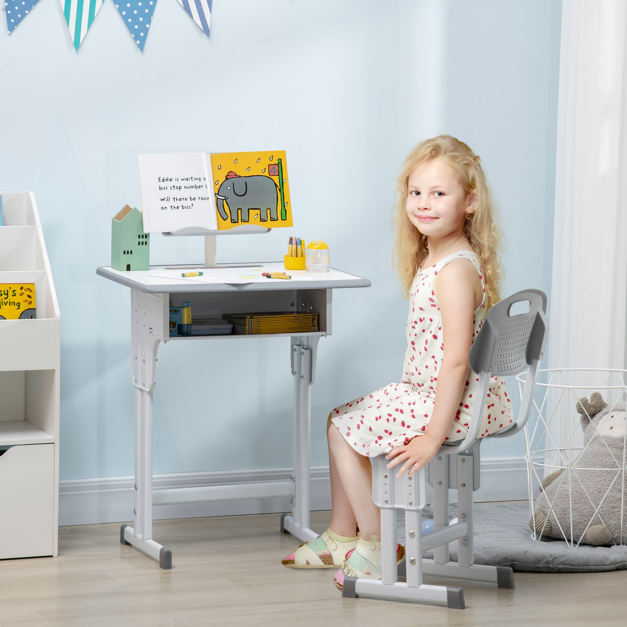 Kids Adjustable Desk and Chair Set, Book Stand, Pen Slot - Grey