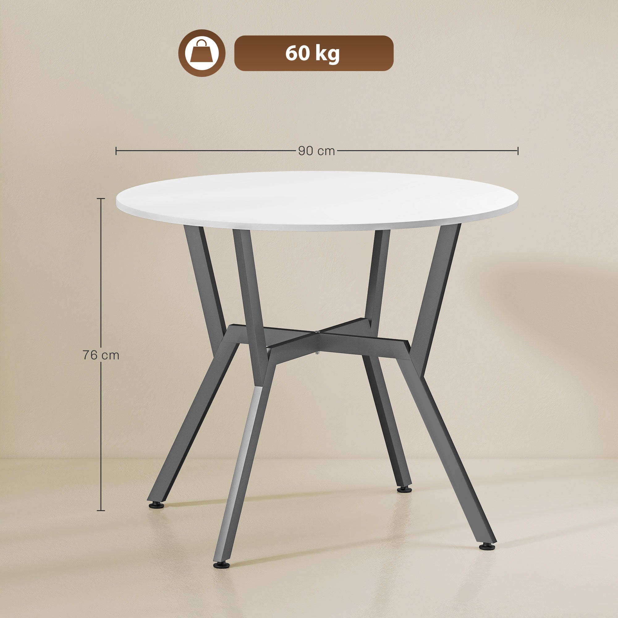 Fynco - Dining Table, Round Kitchen Table with Black Legs for Living Room, Dining Room 90 x 76 cm, High Gloss White