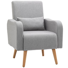 Accent Chair, Linen-Touch Armchair with Pillow, Upholstered Leisure Lounge Sofa for Living Room, Club Chair with Rubber Wooden Frame, Grey