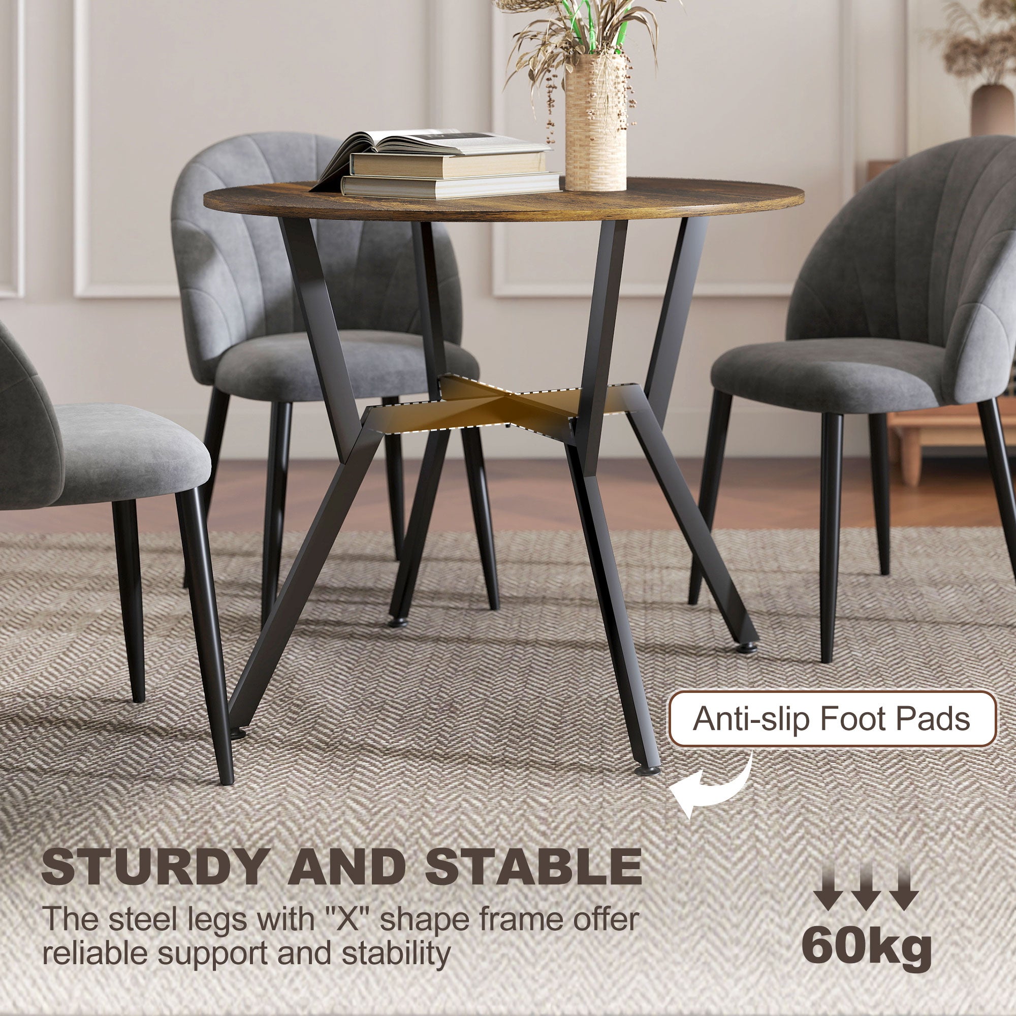 Fynco - Dining Table, Round Kitchen Table with Black Legs, Anti-slip Foot Pads for Living Room, Dining Room 90 x 76 cm, Rustic Brown