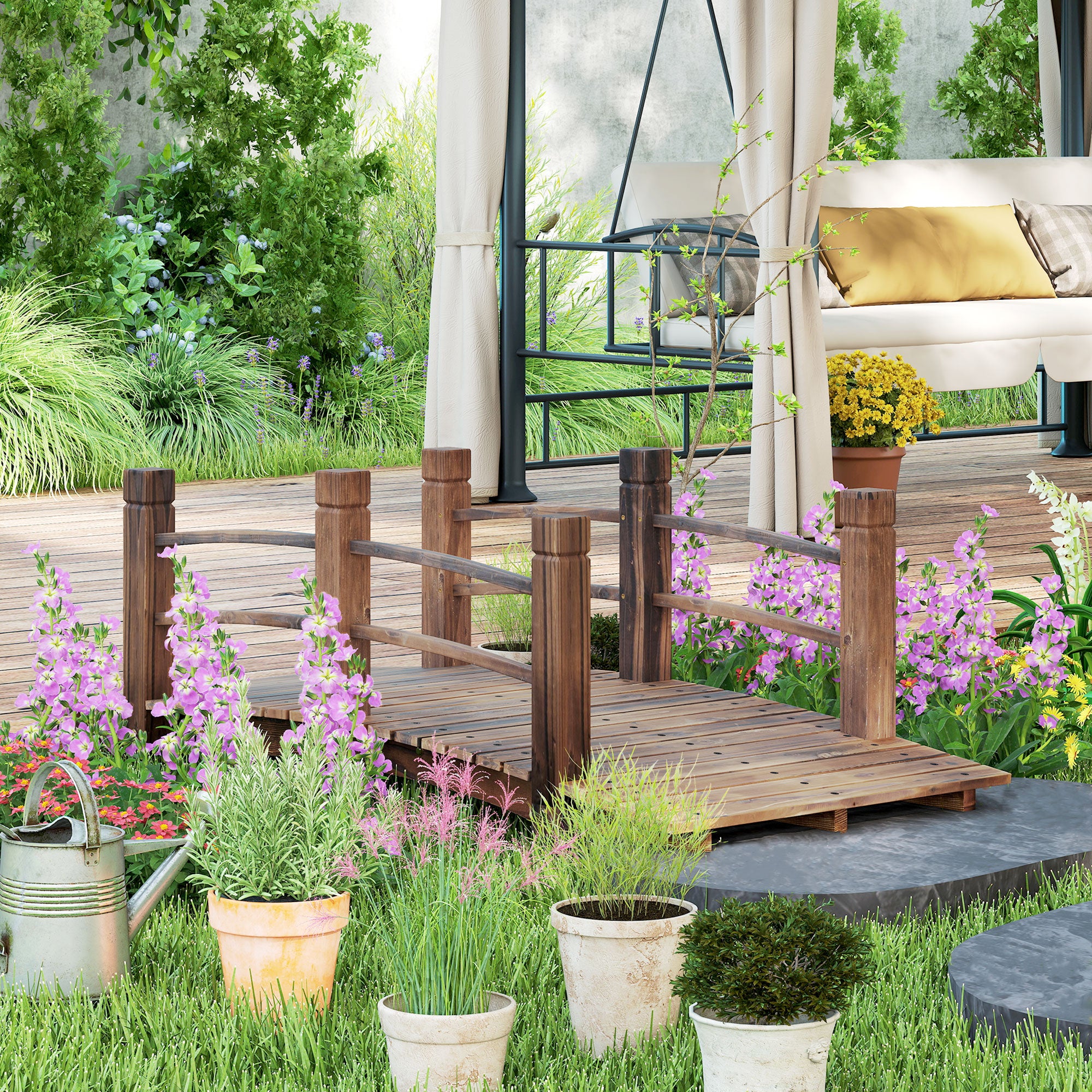 1.5M Wooden Garden Bridge Lawn Décor Stained Finish Arc Outdoor Pond Walkway w/ Railings Water Yard Decoration