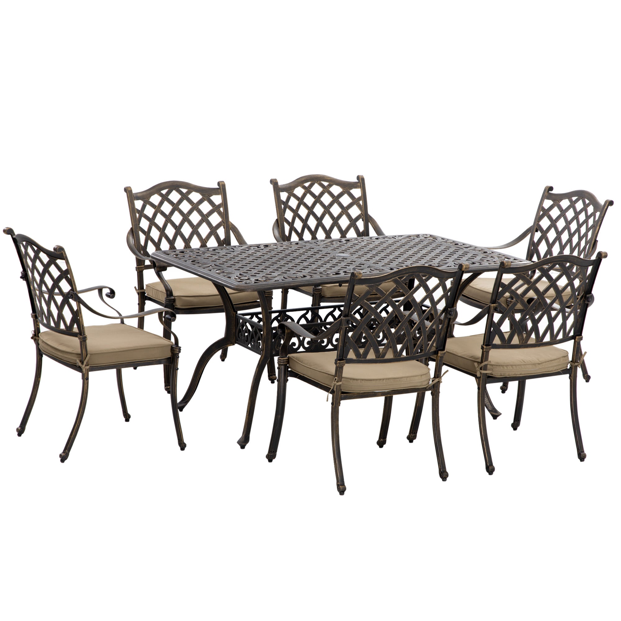 7 PCs Garden Patio Dining Set with Parasol Hole, Cast Aluminium Outdoor Furniture Set with Six Cushioned Chairs and Rectangle Dining Table, for Garden, Lawn, Deck, Bronze Tone
