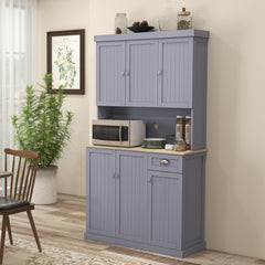 180cm Freestanding Kitchen Cabinet, Modern Storage Cupboard with Open Countertop, Drawer and 6 Doors, Grey