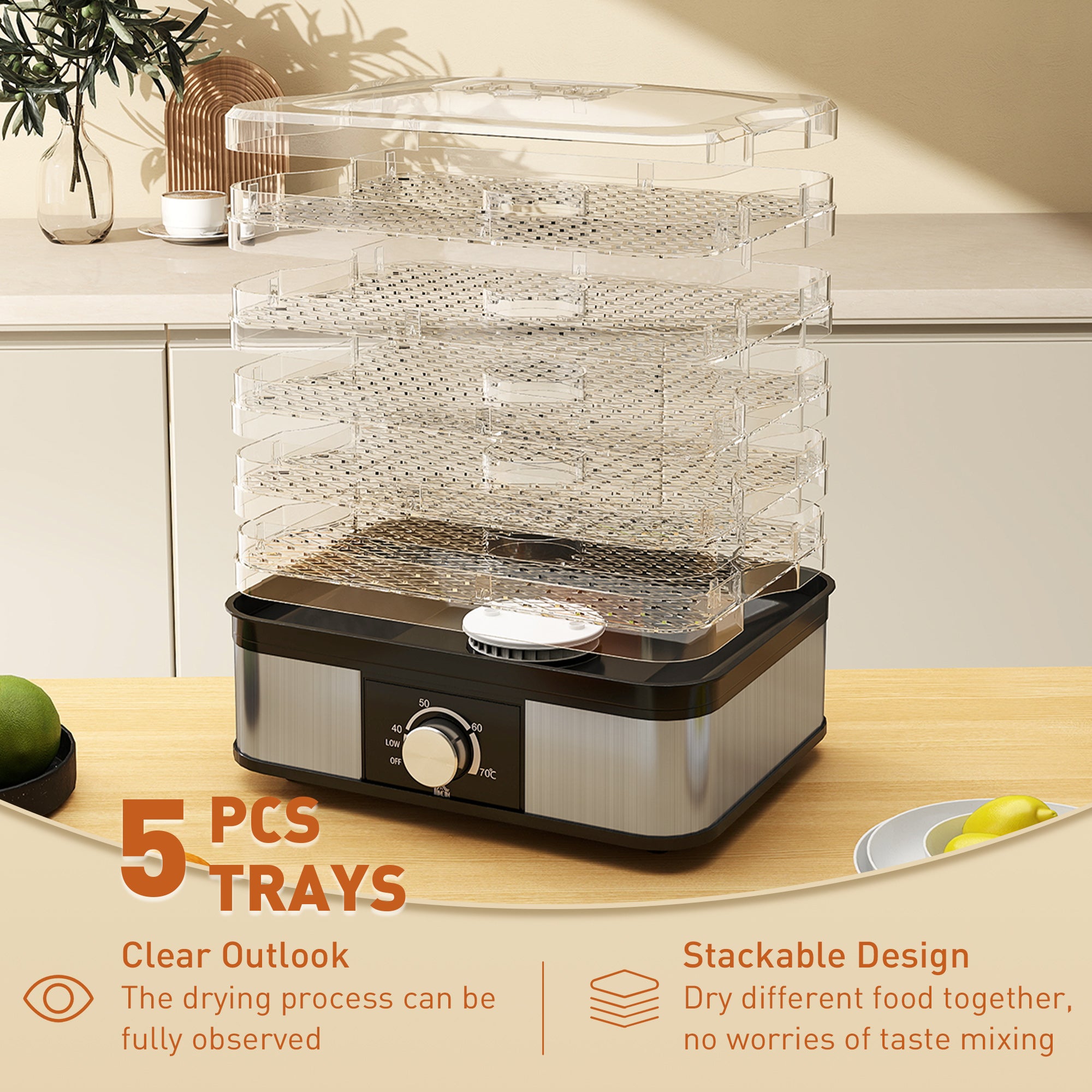 Fynco - 5 Tier Food Dehydrator, 245W Stainless Steel Food Dryer Machine with Adjustable Temperature for Drying Fruit, Meat, Vegetable, Jerky and Pet Treat, Black