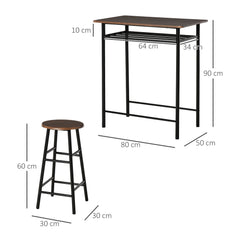 Bar Table Set, Bar Table and Stools Set, Footrest and Storage Shelf, for Kitchen, Dining Room, Pub, Cafe, Black and Oak
