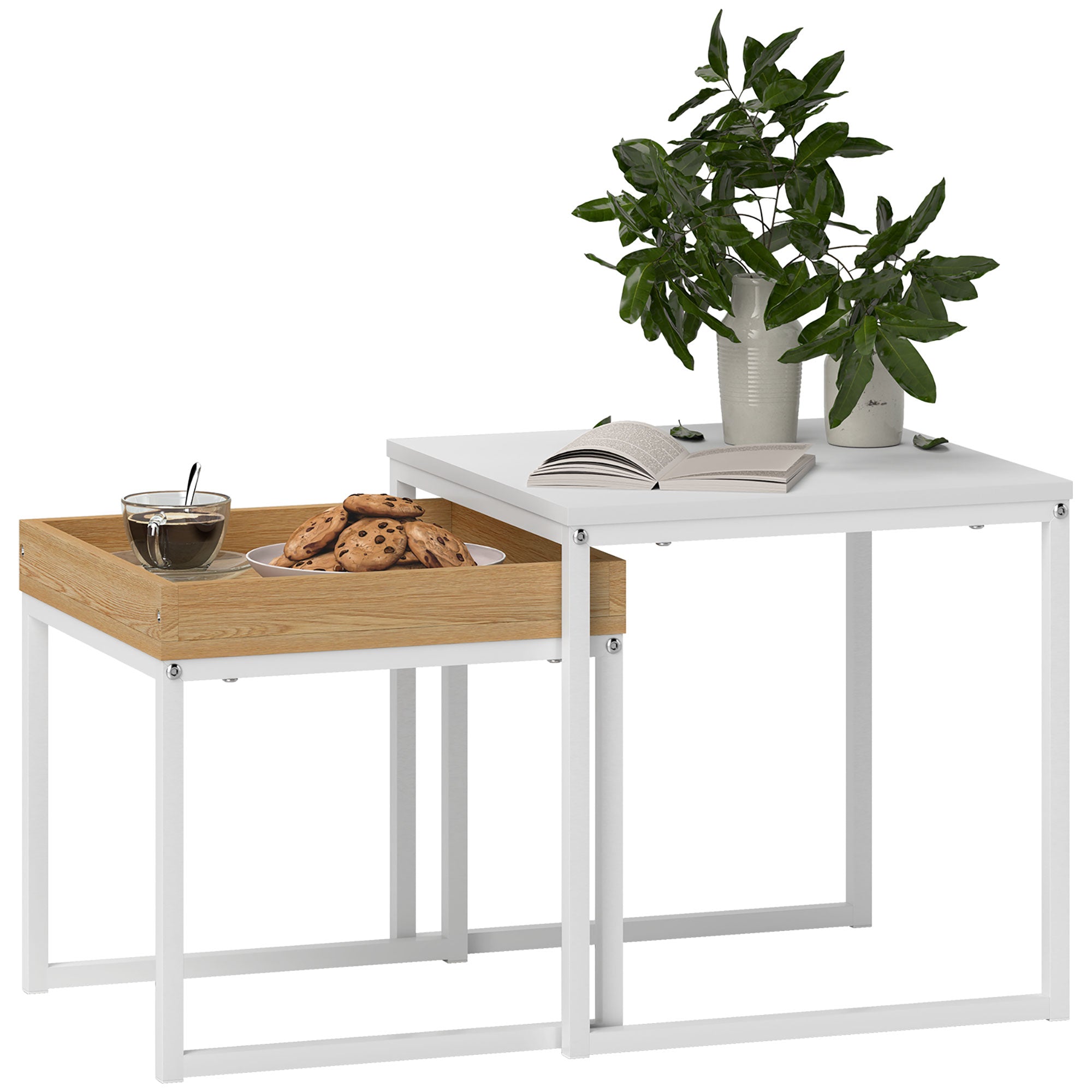 Set of Two Boxy Nesting Tables - White/Wood-Effect
