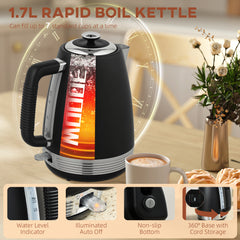 Stainless Steel Kettle and Toaster Set, 1.7L 3000W Rapid Boil Jug Kettle with UK Strix Thermostat, Limescale Filter, 4 Slice Toaster with 7 Browning Controls, Crumb Tray, Black and Silver Tone
