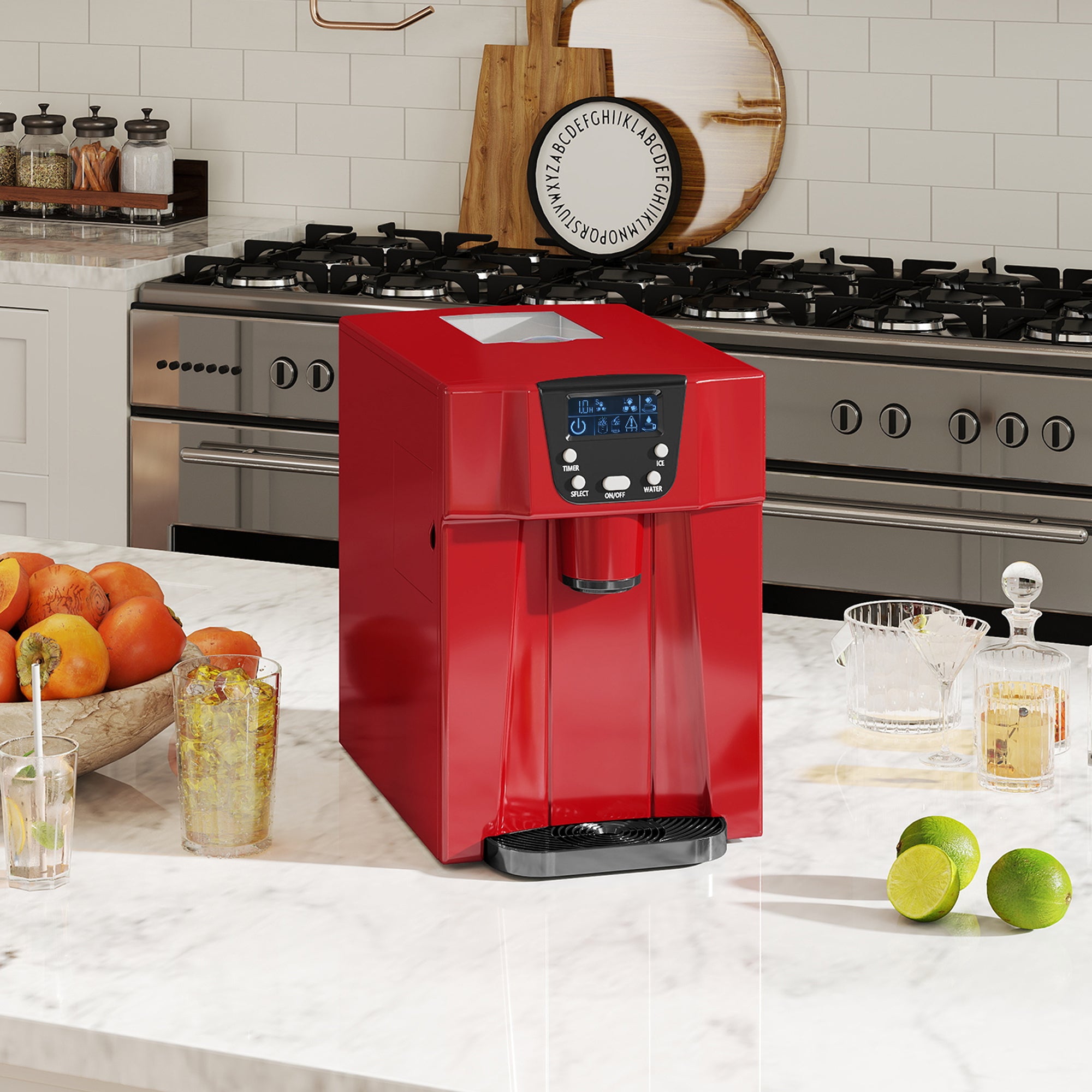 Fynco - 3L Ice Maker Machine and Water Dispenser, 12kg in 24H, 2 Sizes 9 Ice Cubes Ready in 6-10 Mins Ice Machine, Red